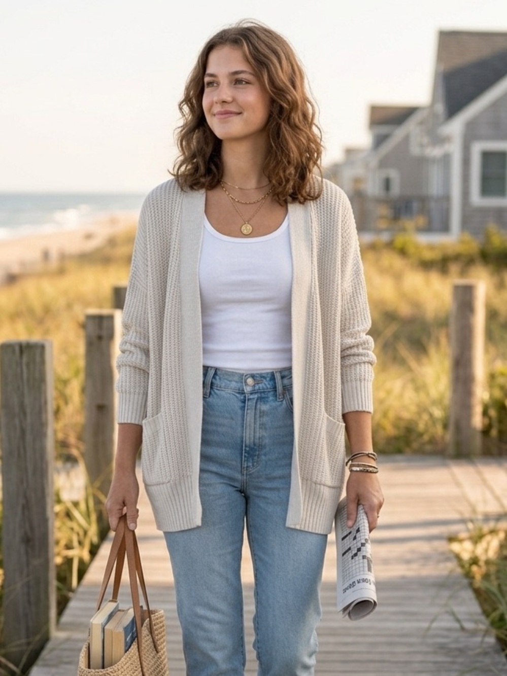 BDG Urban Outfitters Oversized Waffle Knit Open Cardigan - Beige - XS